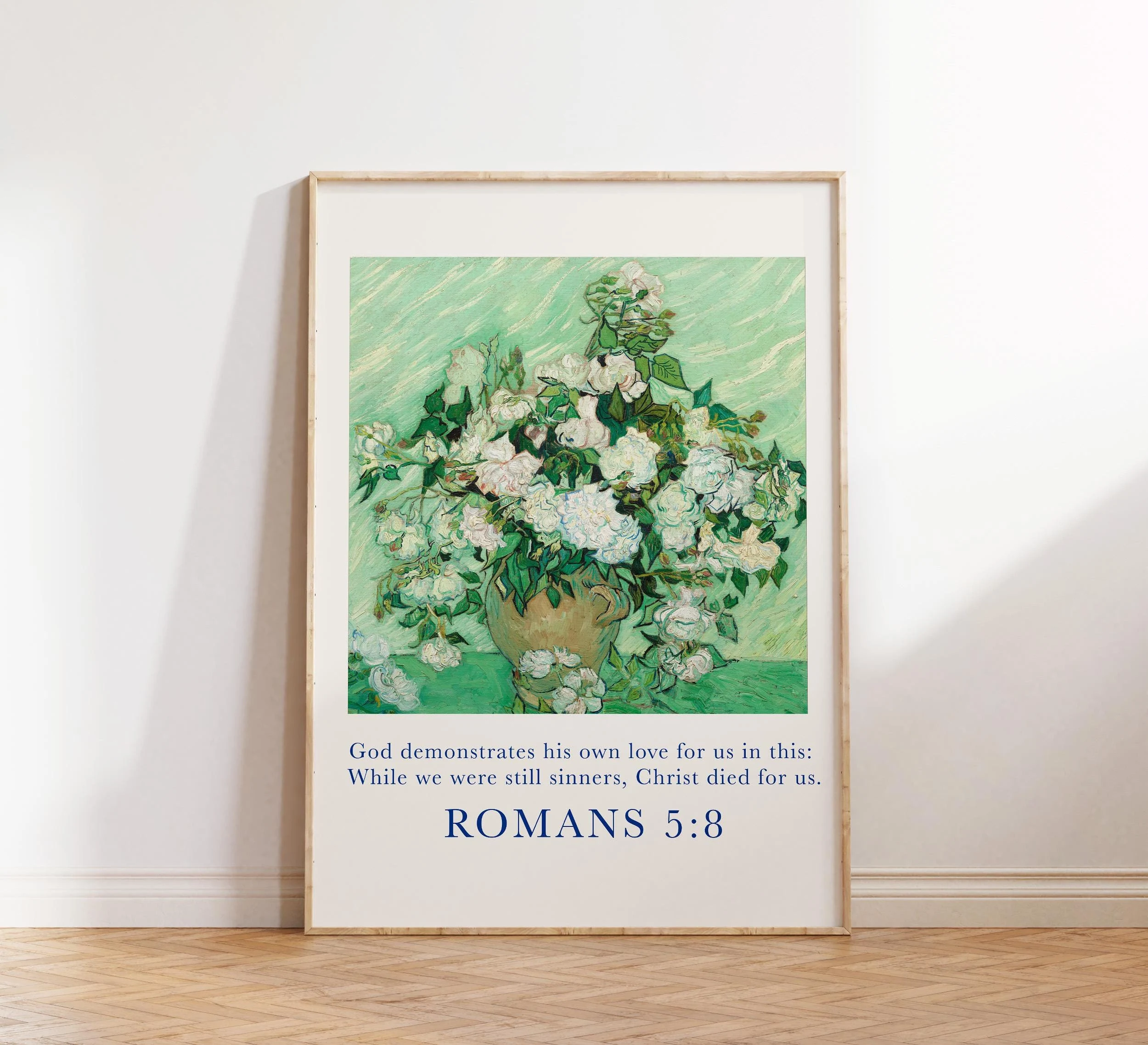 Free Christian Wall Art Printable Romans 5:8 Bible Verse with Vintage Floral Artwork