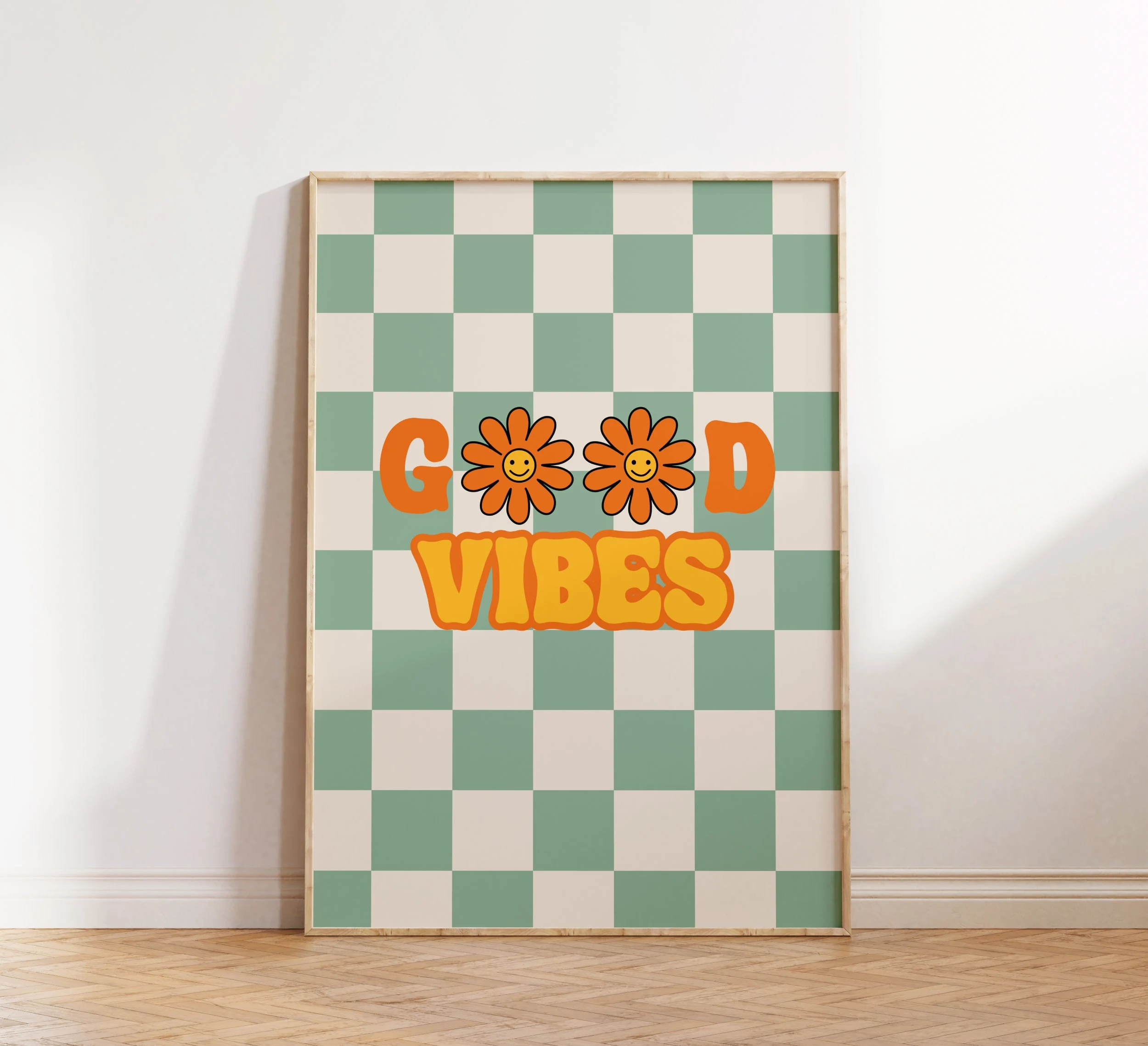 Free Download: Retro Wall Art – “Good Vibes” Checkerboard Printable