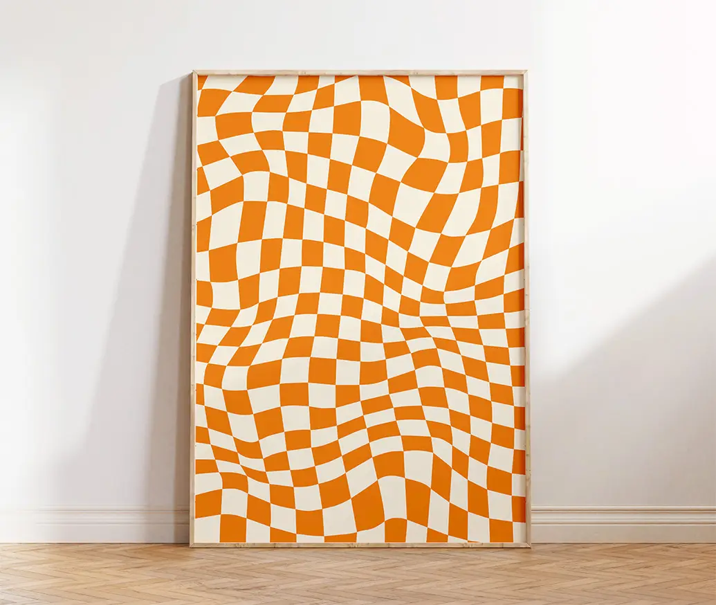 Free Download: Retro Wall Art – Wavy Checkerboard Orange Printable